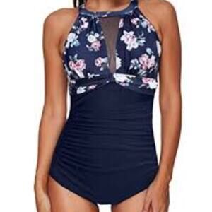 HOLIPICK HIGH NECK MESH INSET BLUE FLORAL PRINT ONE PIECE SWIMSUIT SIZE SMALL